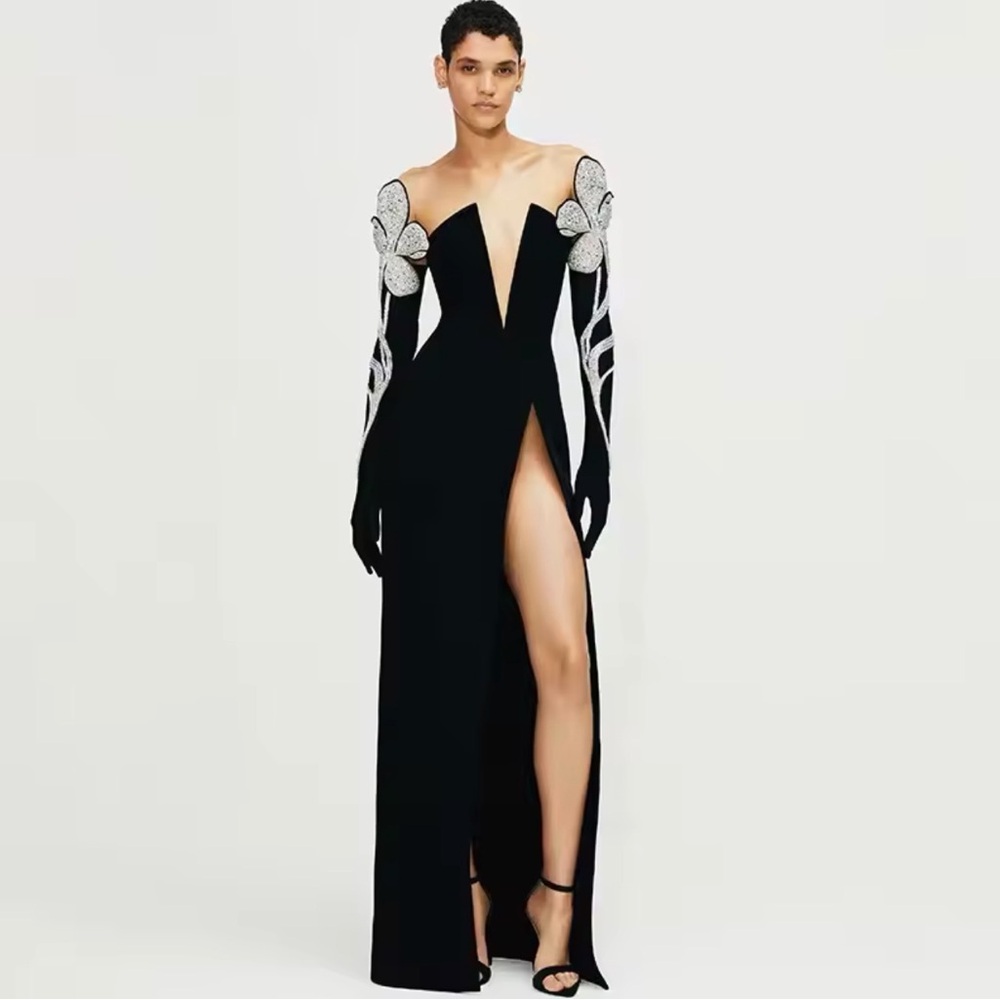 Elegant Black Evening Gown with Embellished Sleeves